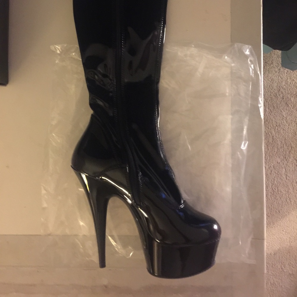 Black leather heel boots pleaser brand.